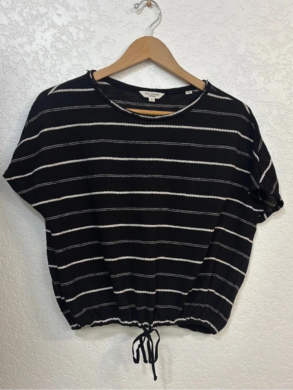 Max Studio Stripe Drawstring Tie Top • Black and White Short Sleeve Crop